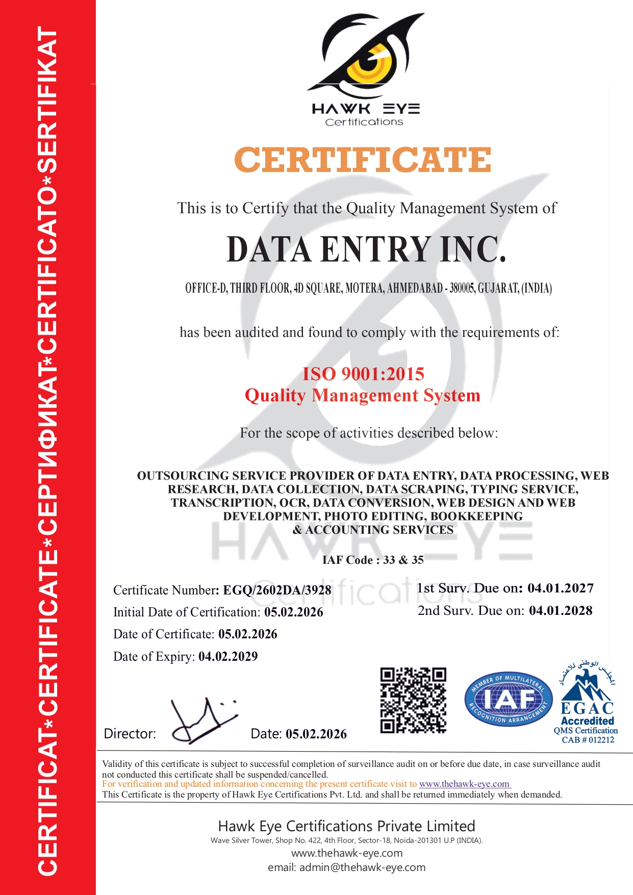 ISO 9001:2015 Certificate - Data Entry Inc.
