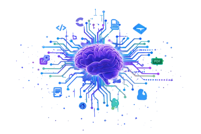 AI powered digital brain with data processing icons