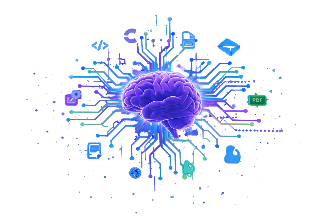 AI powered digital brain with data processing icons